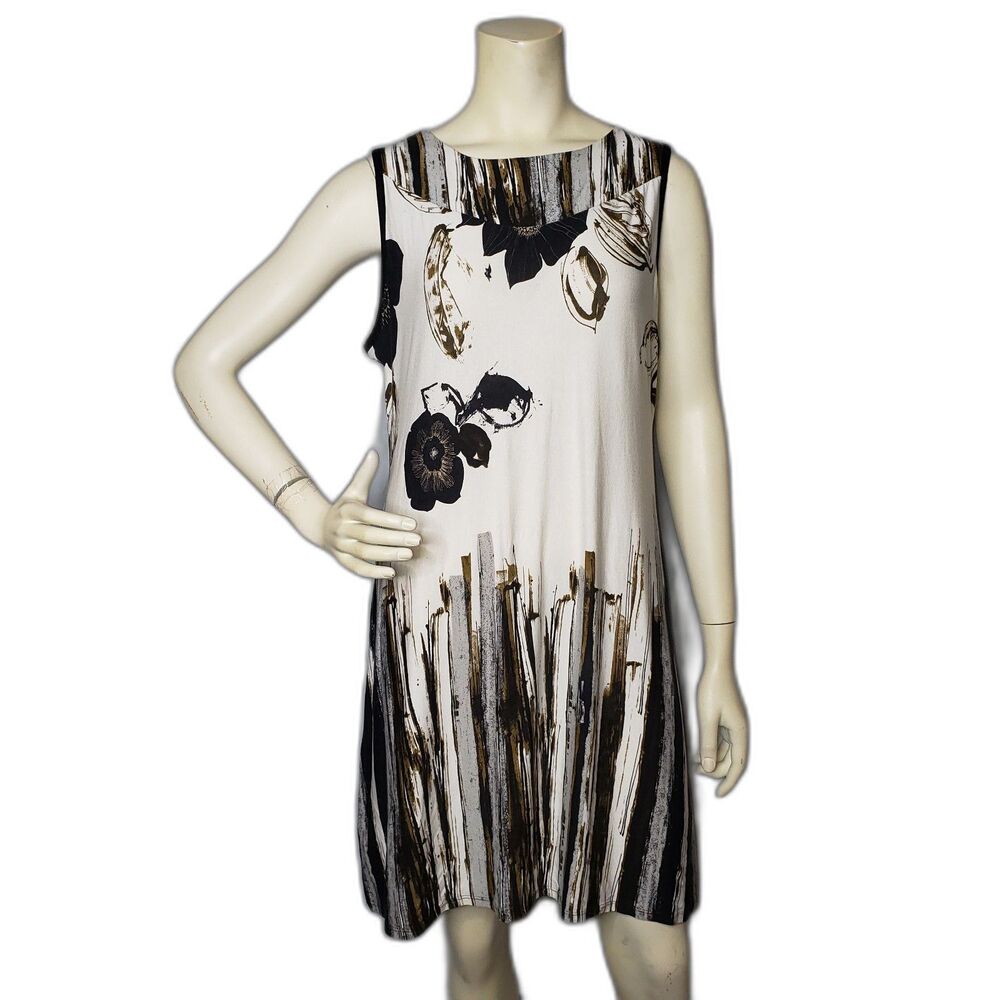 Lior Paris Dress Womens XL Black White Brown Sleeveless Shift Floral Made France